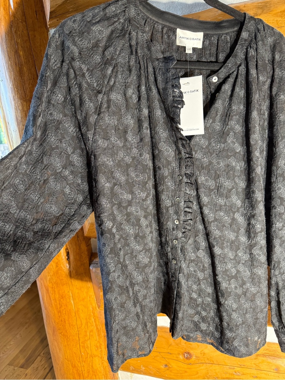 NWT Antik Batik Black Floral embroidered blouse LARGE
